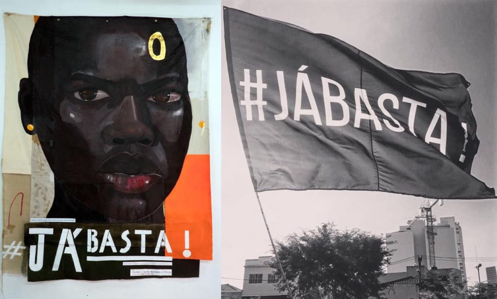 À esq., pintura "Já Basta" de No Martins apresentada na última mostra do Videobrasil. À dir., um registro de Rodolfo Amorim da bandeira feita pelo artista